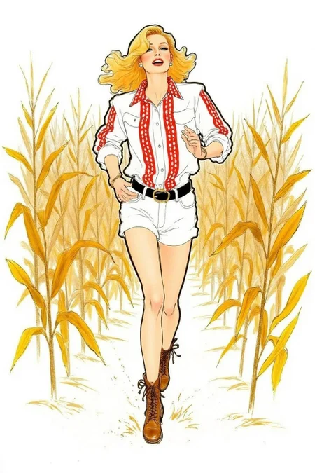 regr1 sketch of A blonde cowgirl in white short shorts running in a corn field, background is stark white <lora:regr1_fashion_nocap_d6a3:1.0><lora:807334224207229964:0>