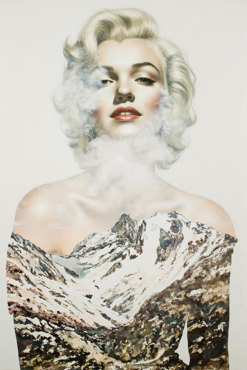 Portrait painting. Marilyn Monroe 's face merging with a mountainous landscape. Her face is partially obscured by a swirl of clouds, blending with the rugged, snow-capped mountains. The mountains are depicted in earthy tones. <lora:doubleexpopainting1_cap_d6a3e13:1.0><lora:850318968781595619:0>