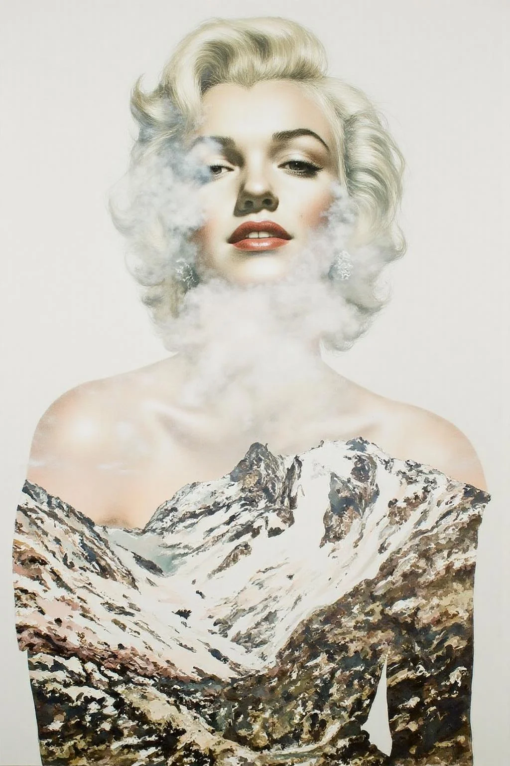 Portrait painting. Marilyn Monroe 's face merging with a mountainous landscape. Her face is partially obscured by a swirl of clouds, blending with the rugged, snow-capped mountains. The mountains are depicted in earthy tones. <lora:doubleexpopainting1_cap_d6a3e13:1.0><lora:850318968781595619:0>