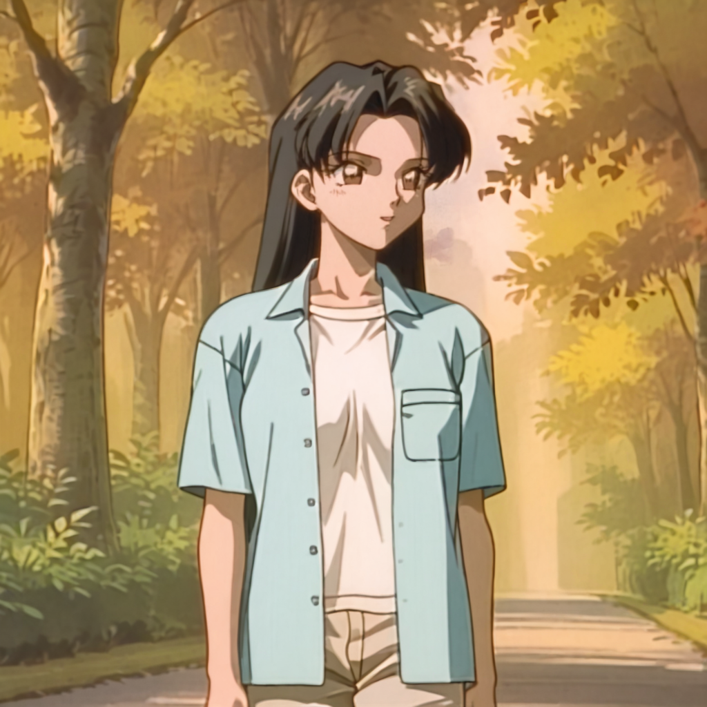 <lora:SakuraOVA_pony_v1:1>SakuraGreenJacket, 1girl, retro artstyle, white shirt, long hair, black hair, 1990s (style), short sleeves, open clothes, breast pocket, pants, cowboy shot