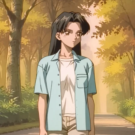 <lora:SakuraOVA_pony_v1:1>SakuraGreenJacket, 1girl, retro artstyle, white shirt, long hair, black hair, 1990s (style), short sleeves, open clothes, breast pocket, pants, cowboy shot