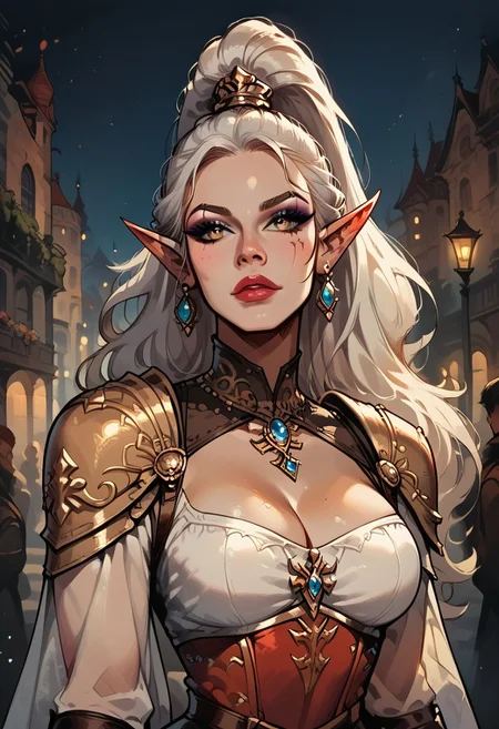 score_9, score_8_up, score_7_up, western cartoon, 1girl, solo, yvraine, long hair, jewelry, very long hair, ponytail, white hair, earrings, pointy ears, vest, shoulder armor, jewelry,
eyeshadow, slim-thick body, detailed face, textured skin, masterpiece, intricate clothing, medieval fantasy clothes, sheer clothing, dress, (cleavage), apart breasts, large breasts, tiny waist, wide hips, slender figure, fantasy city streets, evening, sunset light, PaintedComicstyleV1, sexy pose, slutty, flirty gaze