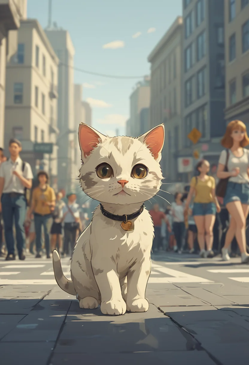 cute kitty crossing the crowded street, closeup, detailed, highres, masterpiece <lora:Modern_Cartoon_Style:0.7>