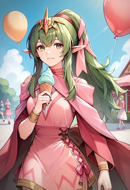 score_9, score_8_up, score_7_up, highres, (best quality:1.1), masterpiece, absurdes, multiple girls, utdoors, sky, solo focus, day, cloud, 1girl, blue sky,balloon, roller coaster, mltikfdiv, gem, green eyes, green hair, hair ornament, hair ribbon, jewelry, long hair, pink dress, pointy ears, ponytail, pink scarf, red shawl, short dress, tiara, <lora:tiki-adult-take3-pdxl:1>, holding ice cream, walking and eating, smile, (upper body:1.1)
