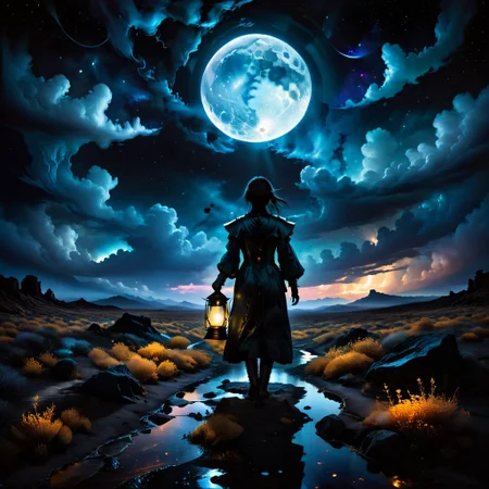 Dark night, partly cloudy full moon. Wasteland, sparse vegetation. Everything is covered in black. In the distance, the black silhouette of someone carrying a hand lantern. (Inside the lantern, instead of fire, there is a luminous sapphire:1.5). glow. Sapphire light.
The entire landscape responds to the sapphire light of the hand lantern, gleaming sapphire black.
The sky is filled with the shapes of ancient souls traveling at night, visible in the sky.
On ground small blood river.
Everything passes and is reborn, the blackness remains unchanged, only the light of the sapphire lantern overcomes it. neon.
EdobHorrorLandscape. Ultraviolet lighting. dark. chiaroscuro. low-ke.y