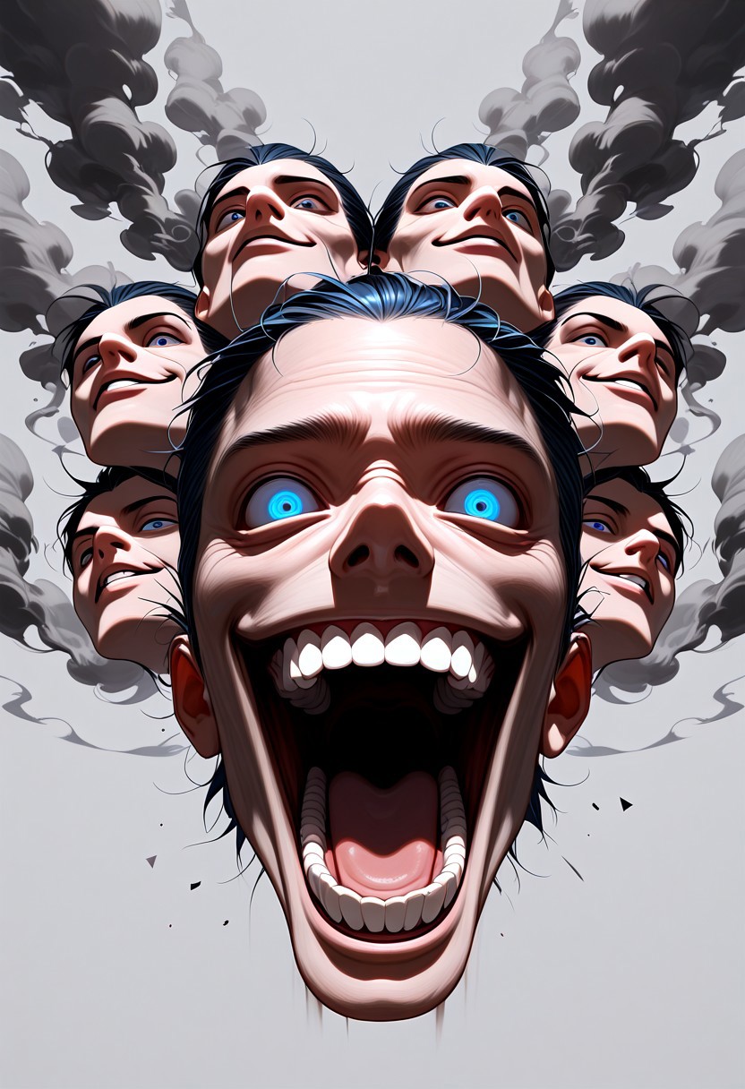 masterpiece, best quality, very aesthetic, absurdres, D1DVAP0, glitch, neon, dissociated, dissociative identity disorder,  solo, 1boy, male focus, realistic, teeth, open mouth, smile, grey background, simple background, mowhawk, multiple heads, motion blur, smoke, glitch, blue eyes, looking at viewer, portrait,