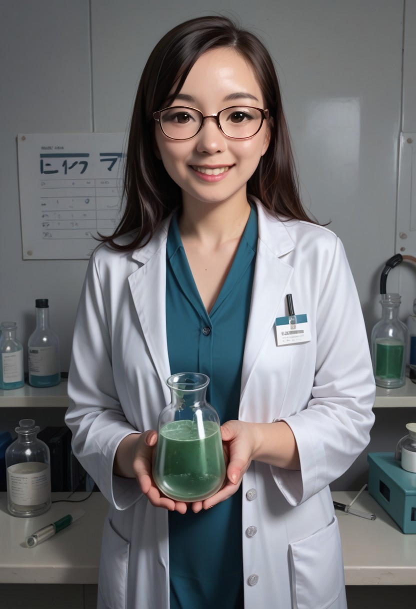 score_9, score_8_up, score_7_up, score_6_up, score_5_up, score_4_up, img, 1girl, realistic, asian woman, scientist, glasses,white lab coat, holding a glass flask with green liguid, smoke in the background illustration, smile, realistic, in a laboratory, intricate details zPDXLrl