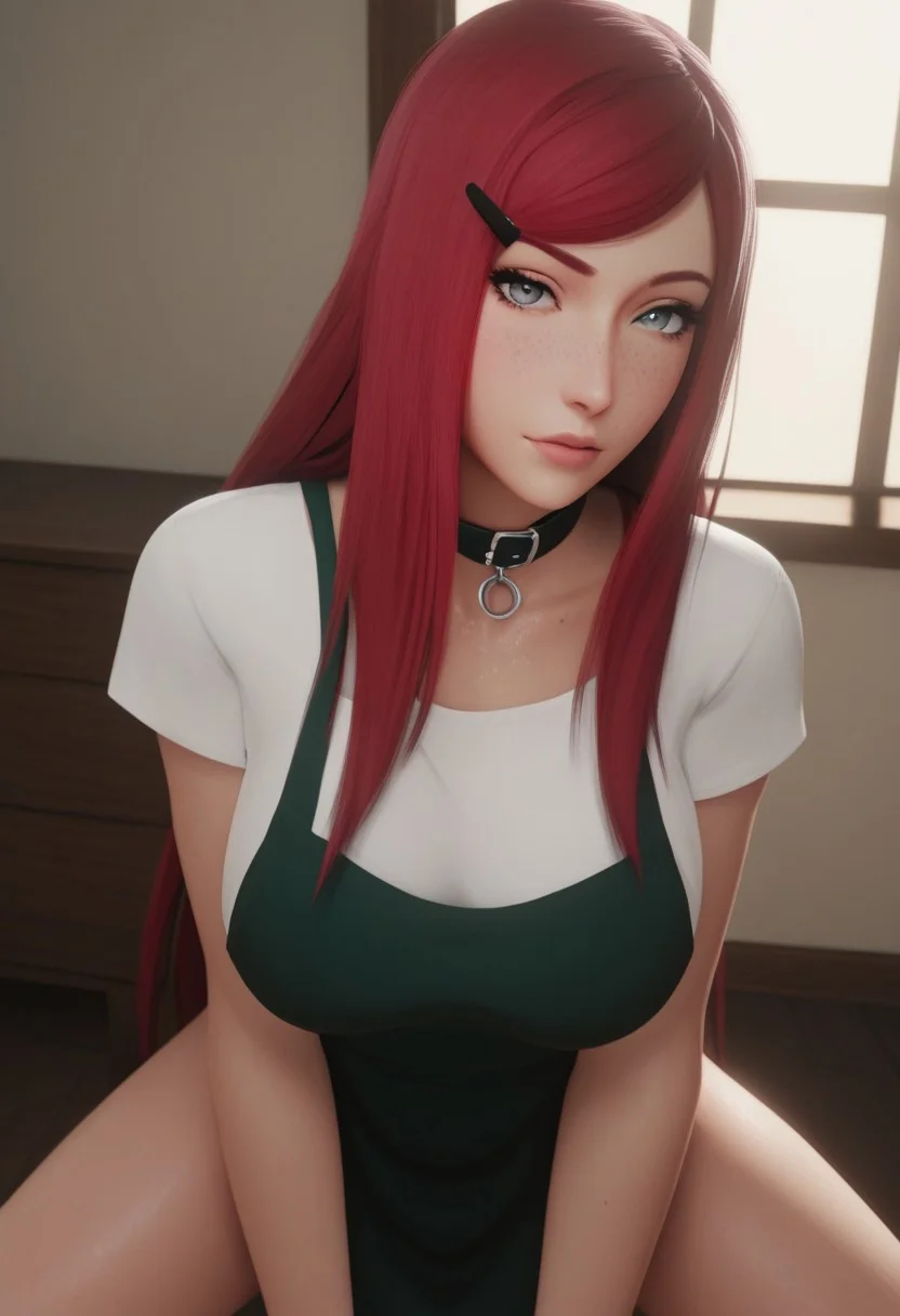 score_9, score_8_up, score_7_up, realistic,
intimidate ambiance, dim lighting, ((adult))), focus on face, portrait, looking at viewer , from above, 25 years old,<lora:kushina-uzumaki-shippuden-anime-ponyxl-lora-nochekaiser_r1:1>, kushina, long hair, hair ornament, red hair, hairclip, grey eyes, swept bangs, shirt, dress, jewelry, white shirt, short sleeves, apron, bracelet, green apron, collar, large breasts, zPDXL3, 1woman, adult, voluptuous body, body freckles, dark skin, breasts, face, eyes, naughty look, spread legs, kneeling, arched back, raised sexy, posing, nsfw, seductive, indoors, house, bedroom, window