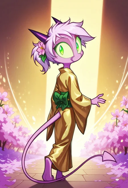 Dreamkeepers,1girl,Prelude_Namah,solo,demon tail, green eyes, horns,
kid, child,
masterpiece, best quality, good quality, very aesthetic, absurdres, newest, 8K, depth of field, focused subject, intricate linework with expressive contrasts, soft lighting with dynamic highlights, in a silk red and gold kimono, long bioluminescent hair, bangs, sakura flower in her hair, walking along a wooded trail, turning her head to look back at the viewer