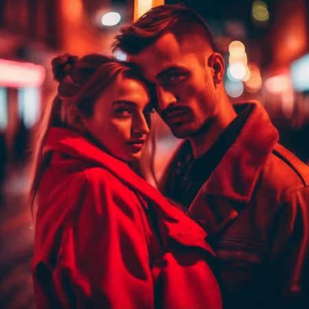 velumia close up lovers in the city, cinematic, professional photo, very detailed red light <lora:velumia:1>