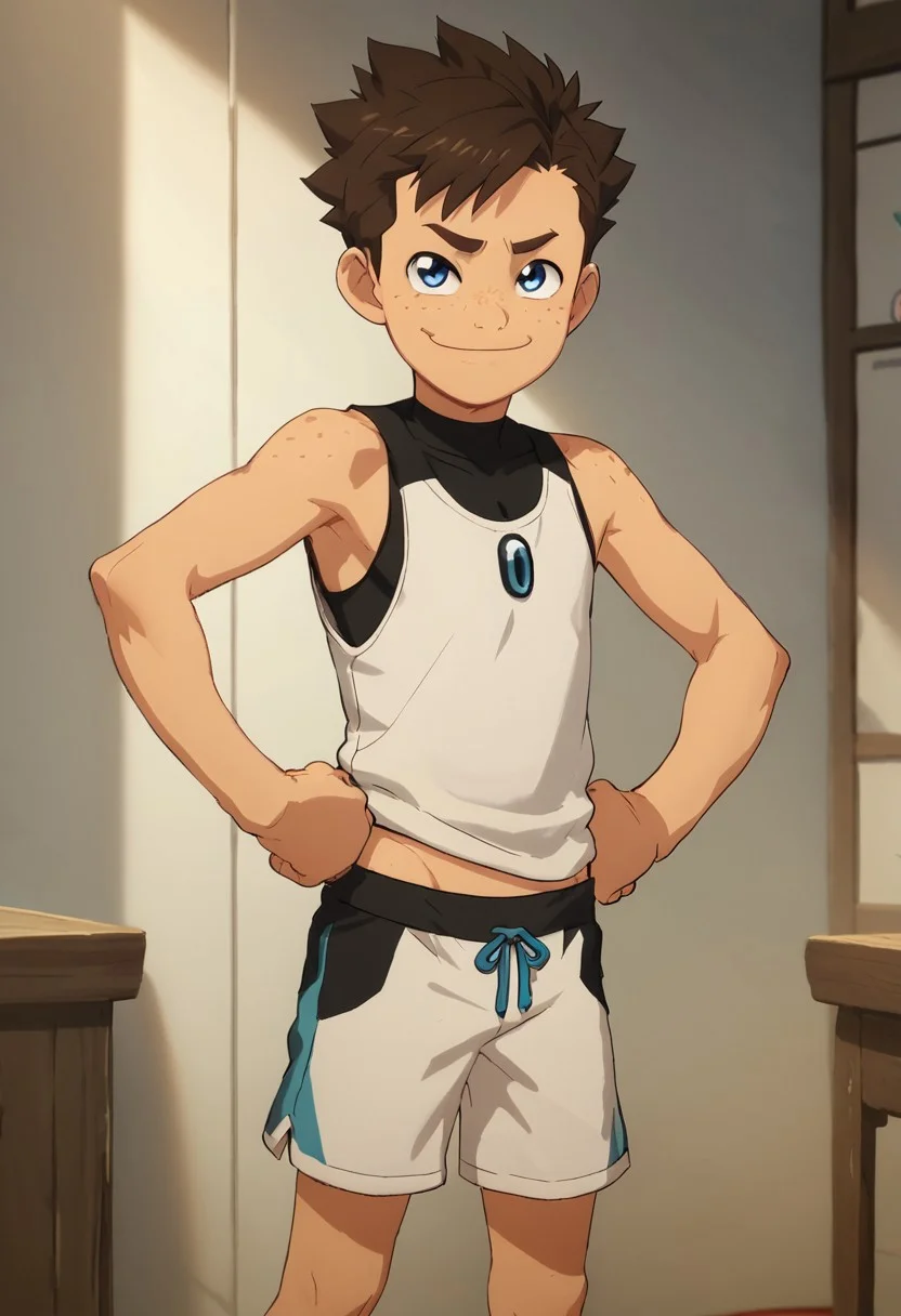 score_9, score_8_up, score_7_up,1boy, solo, cute boy, Koji, Blue Eyes, Brown Hair, Freckles, tank top, shorts, smug smile, hands on hips, Official Style,