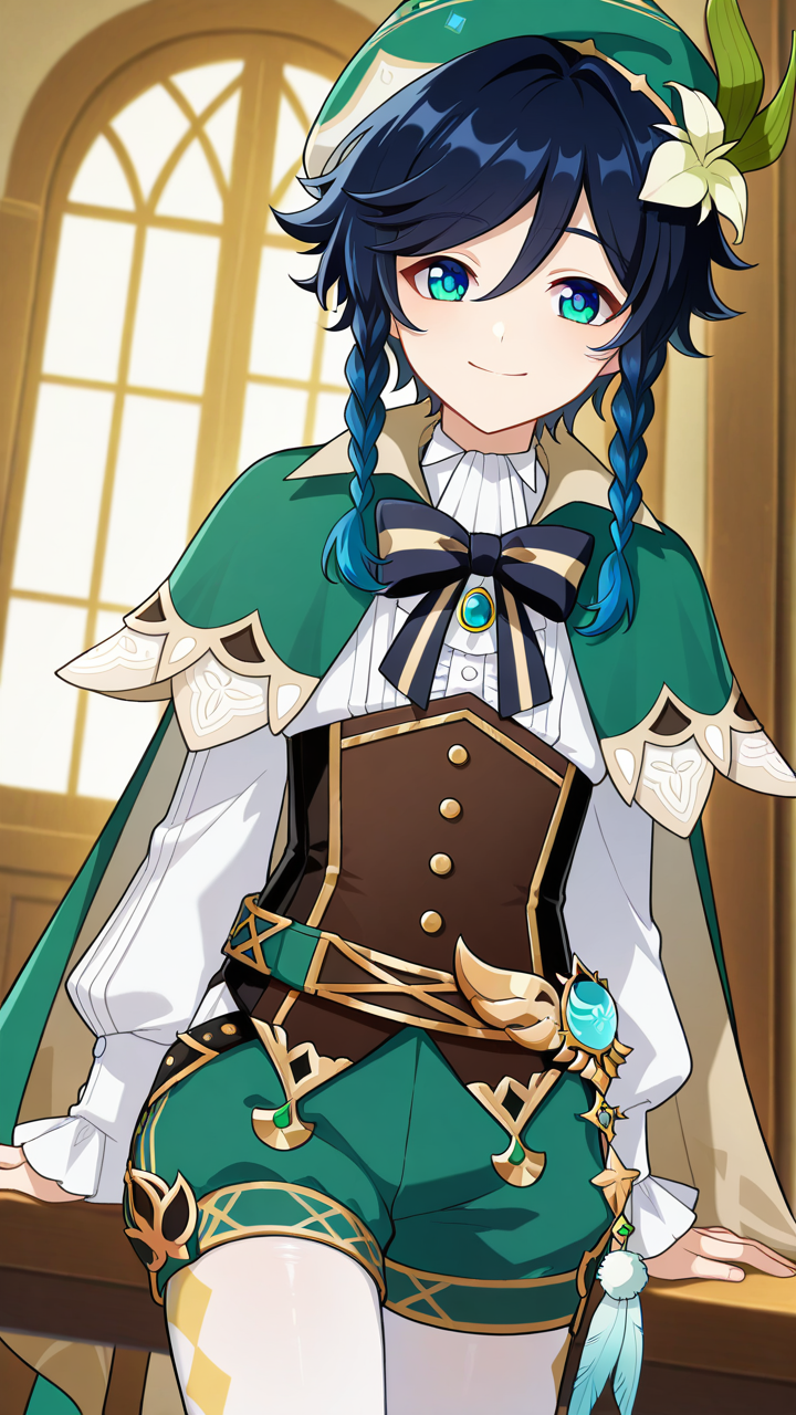 smile, solo,, masterpiece, best quality, amazing quality, very aesthetic, absurdres, newest, anime screencap, <lora:ventiILM:1>, venti (genshin impact), short hair with long locks, aqua hair, green eyes, aqua eyes, blue hair, black hair, braid, gradient hair, twin braids, side braids, hair between eyes, androgynous, beret, vest, collared cape, green hat, green cape, cecilia flower (genshin impact), green shorts, hat flower, white flower, hair flower, hair ornament, black bow, bow, bowtie, frilled sleeves, frills, long sleeves, striped bow, white pantyhose, pantyhose under shorts, white shirt,