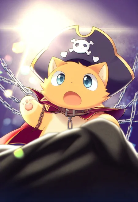 1boy, by zuppu11, solo focus, male focus, cute, blue eyes, cape, yellow cat, chain, flag, furry male, no humans, open mouth, pirate, pirate hat, looking at viewer, sidelighting, backlighting, depth of field and lens flare, highly detailed, detailed background, kemono, furry, full body, masterpiece, best quality, very aesthetic, absurdres