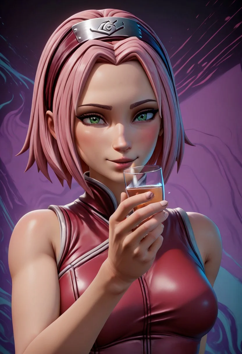 BLSplash,,masterpiece, best quality, newest, absurdres, highres,sakura haruno, abstract background,3d, drinking sake,