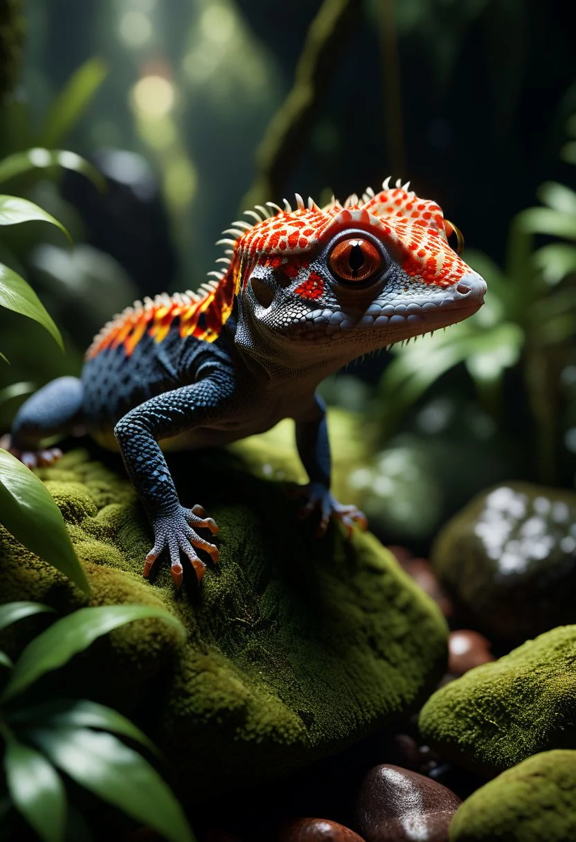 (cinematic lighting, extremely detailed, high detail, hires textures, incredibly detailed, intricate details, masterpiece, photorealism, true masterpiece, Intricately designed), (jungle, rocks, plants, moss), (silver gecko:1.3, tail, black eyes, spikes)