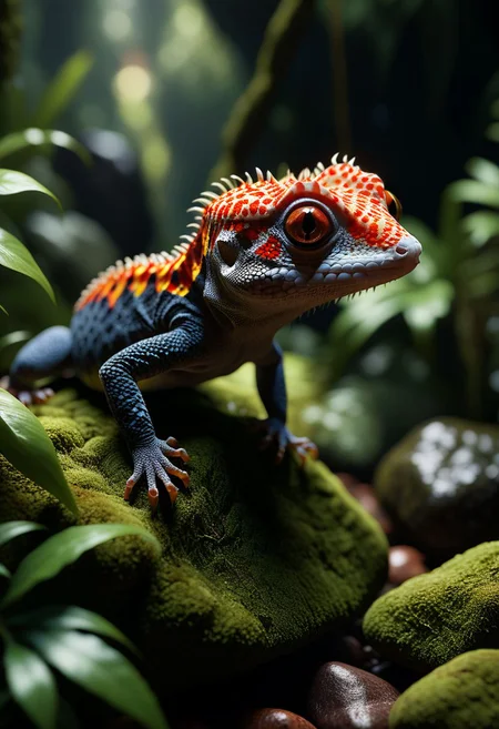 (cinematic lighting, extremely detailed, high detail, hires textures, incredibly detailed, intricate details, masterpiece, photorealism, true masterpiece,  Intricately designed), (jungle, rocks, plants, moss), (silver gecko:1.3, tail, black eyes, spikes)
