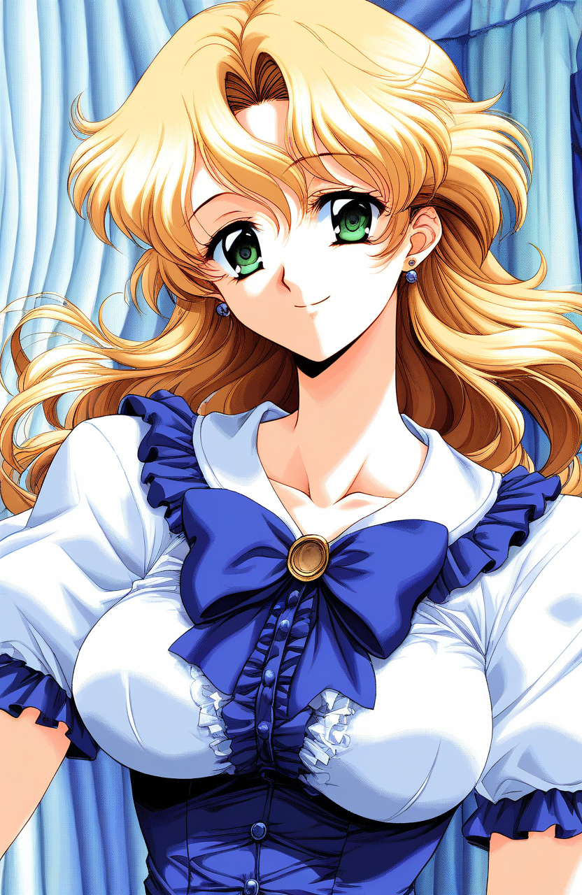 score_9, score_8_up, score_7_up, source_anime, rating_explicit, BREAK  <lora:Itou_Kaori_SHANGRLIA2_XL:1>Itou_Kaori, blonde hair, long hair, large breasts, earrings, green eyes,
1girl, solo, smile, bow, short sleeves, game cg style, looking at viewer, stud earrings, puffy sleeves, curtains, frills, collarbone, dress, upper body, official style, puffy short sleeves, blue bow