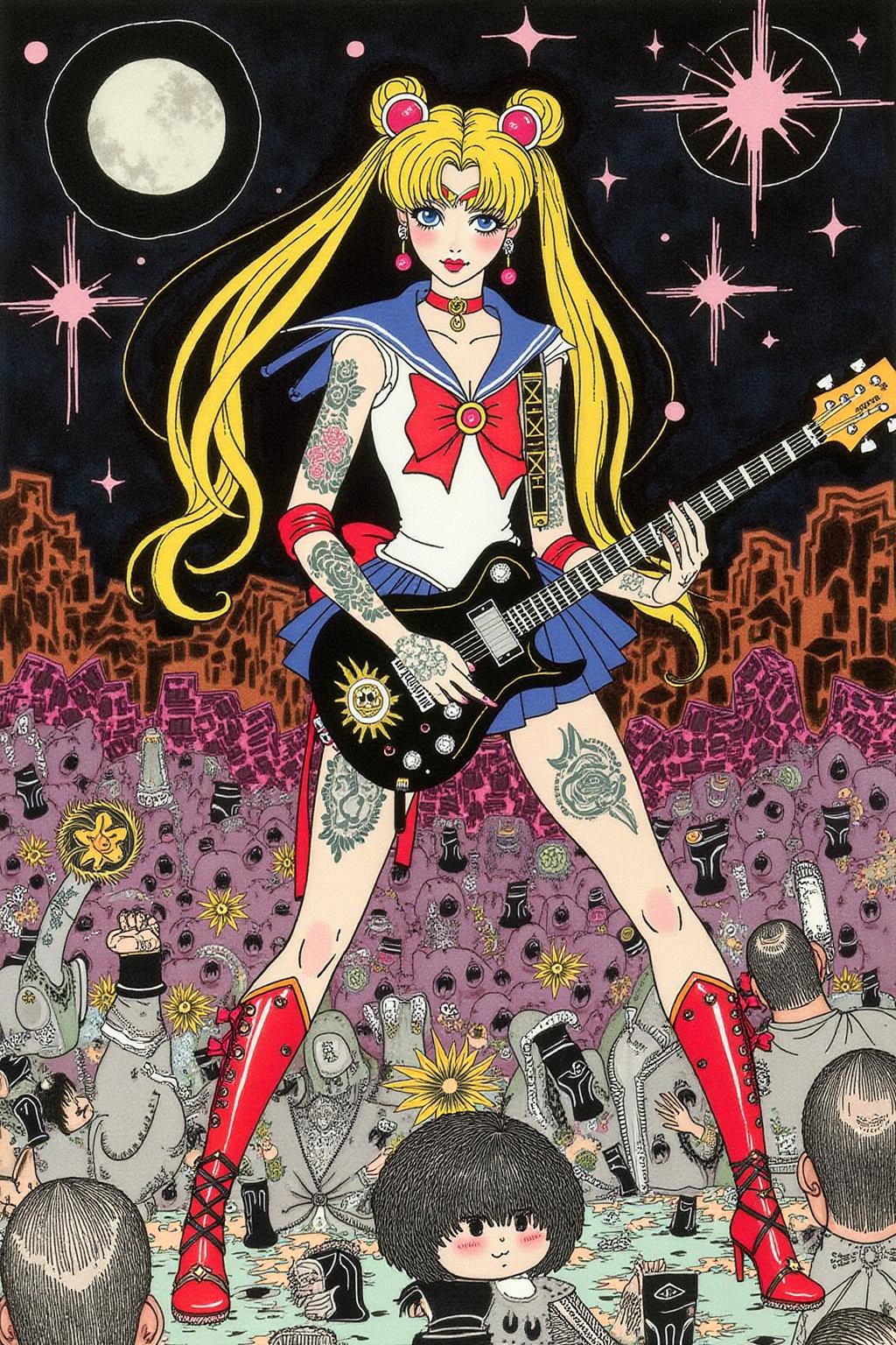 kaynielsen1 illustration.
 punk sailor moon playing a guitar at a heavy metal mosh pit, tattoos, piercing. 
 <lora:kaynielsen1_d8a4e12:0.8><lora:866146474096858402:0>