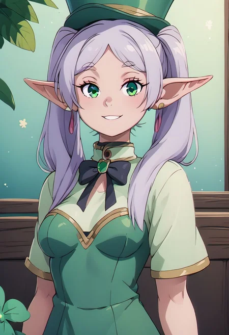 score_9, score_8_up, score_8, medium breasts, (curvy), cute, eyelashes, ShamrockWorld, clover, four-leaf clover, light particles, green top hat, solo, smile, hat, bow, pointy ears, striped, bowtie, green eyes, formal, top hat, green headwear,
BREAK,
zzFrieren, long hair, twintails, green eyes, grey hair, pointy ears, elf,,
BREAK,
, solo, smiling, looking at viewer, cowboy shot, zPDXL, OverallDetail