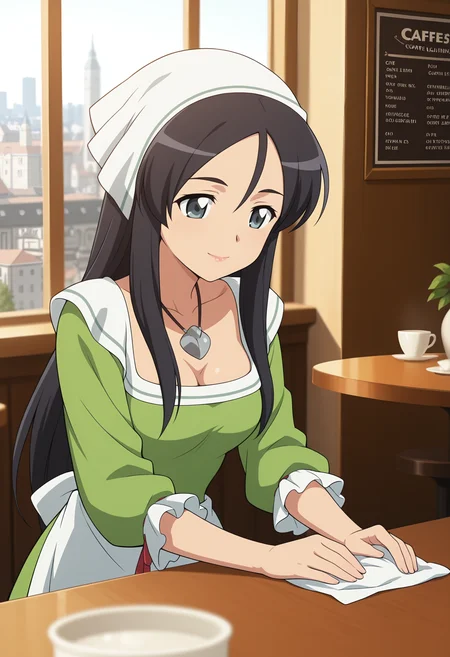 scenery, 1girl, solo, <lora:Jessica [Illustrious] Zero No Tsukaima:1>, Jessica, blue eyes, long hair, black hair, necklace, pendant, head scarf, white headwear, green dress, long sleeves, frilled sleeves, waist apron, white apron, smile, detailed eyes, detailed body, detailed lips, indoors, cafe, city, cleaning, table, napkin, sunlight, expressionless, depth of field, newest, scenery, volumetric lighting, dynamic pose