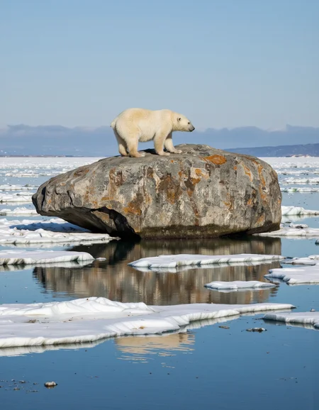 By Maria Isabel Ruiz. A polar bear standing on a large rock in the middle of a frozen lake, with a clear blue sky in the background. the bear is facing the viewer and appears to be calm, with its full body visible from the side. it is standing on the rock with its feet firmly planted on the ice, and its fur is a stark white against the blue sky. the lake is calm and still, reflecting the bear and the surrounding landscape. the ice is jagged and uneven, with patches of snow and ice visible in the water. the overall mood of the image is peaceful and serene, with the bear standing out against the vast expanse of the lake.