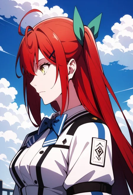 score_9, score_8_up, score_7_up, source_anime, LEOLESHEA, 1girl, solo, long hair, breasts, bangs, shirt, hair ornament, long sleeves, bow, ribbon, closed mouth, jacket, hair ribbon, yellow eyes, upper body, ahoge, red hair, outdoors, sky, hairclip, cloud, bowtie, uniform, from side, profile, white jacket