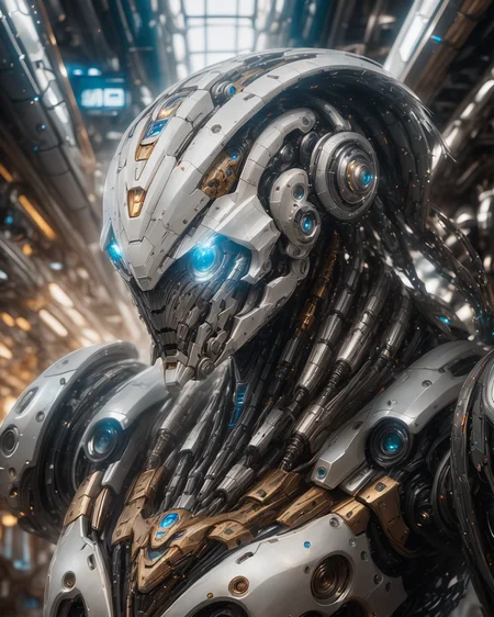 full_body, 1girl, mecha, glowing blue eyes, cute, biomechanical, complex robot, interior spaceship background in bokeh, hyper realistic, hyper detailed, intricate, insane fine details, crisp focus  <lora:compb0t:0.8>