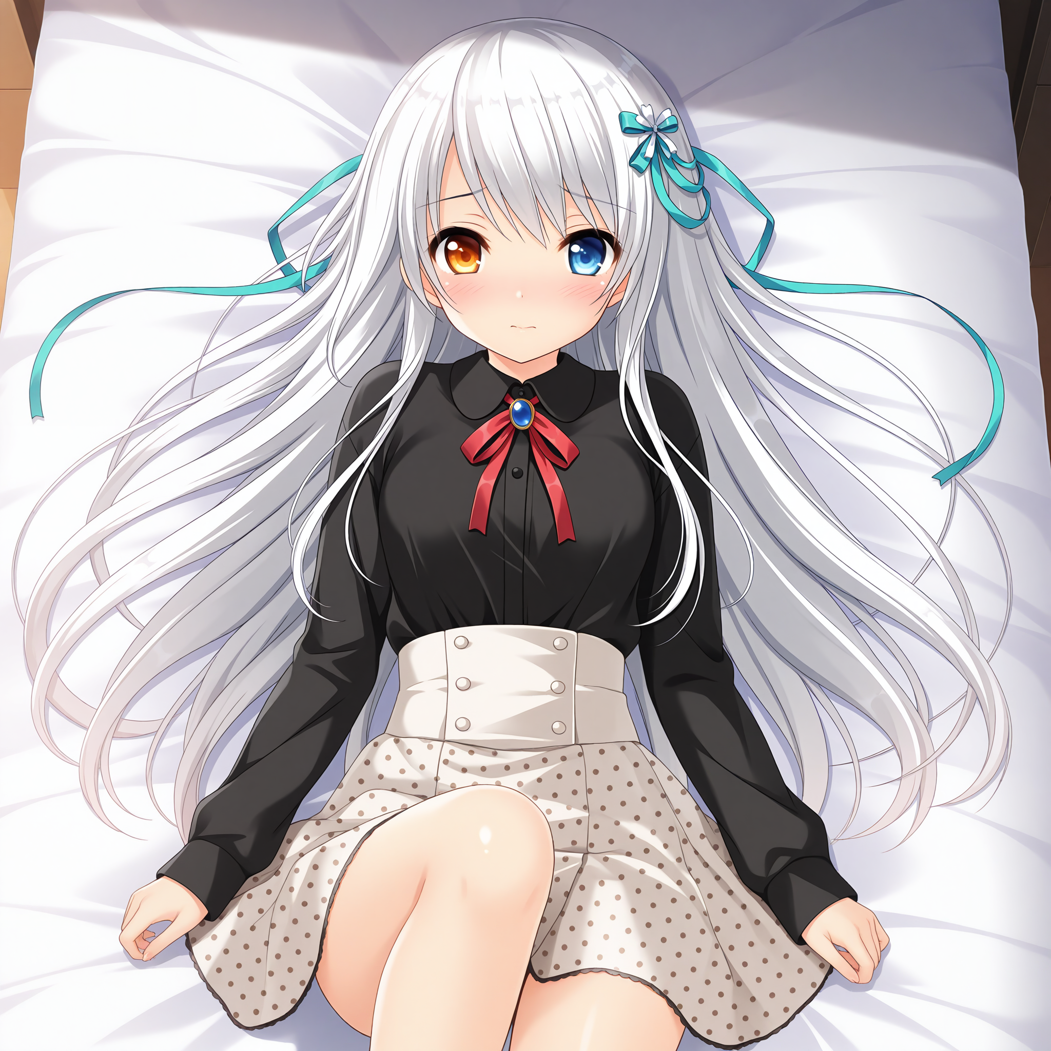 <lora:Amanogawa_Saya_2_nai-000013:1>,Amanogawa Saya,hair ribbon,aqua ribbon,white ribbon,hair ornament,
black shirt,long sleeves,collared shirt,neck ribbon,red ribbon,blue brooch,miniskirt,high-waist skirt,polka dot skirt,
1girl,solo,on bed,lying,on back,front view,looking at viewer,straight-on,knee up,blush,shy,arms at sides,