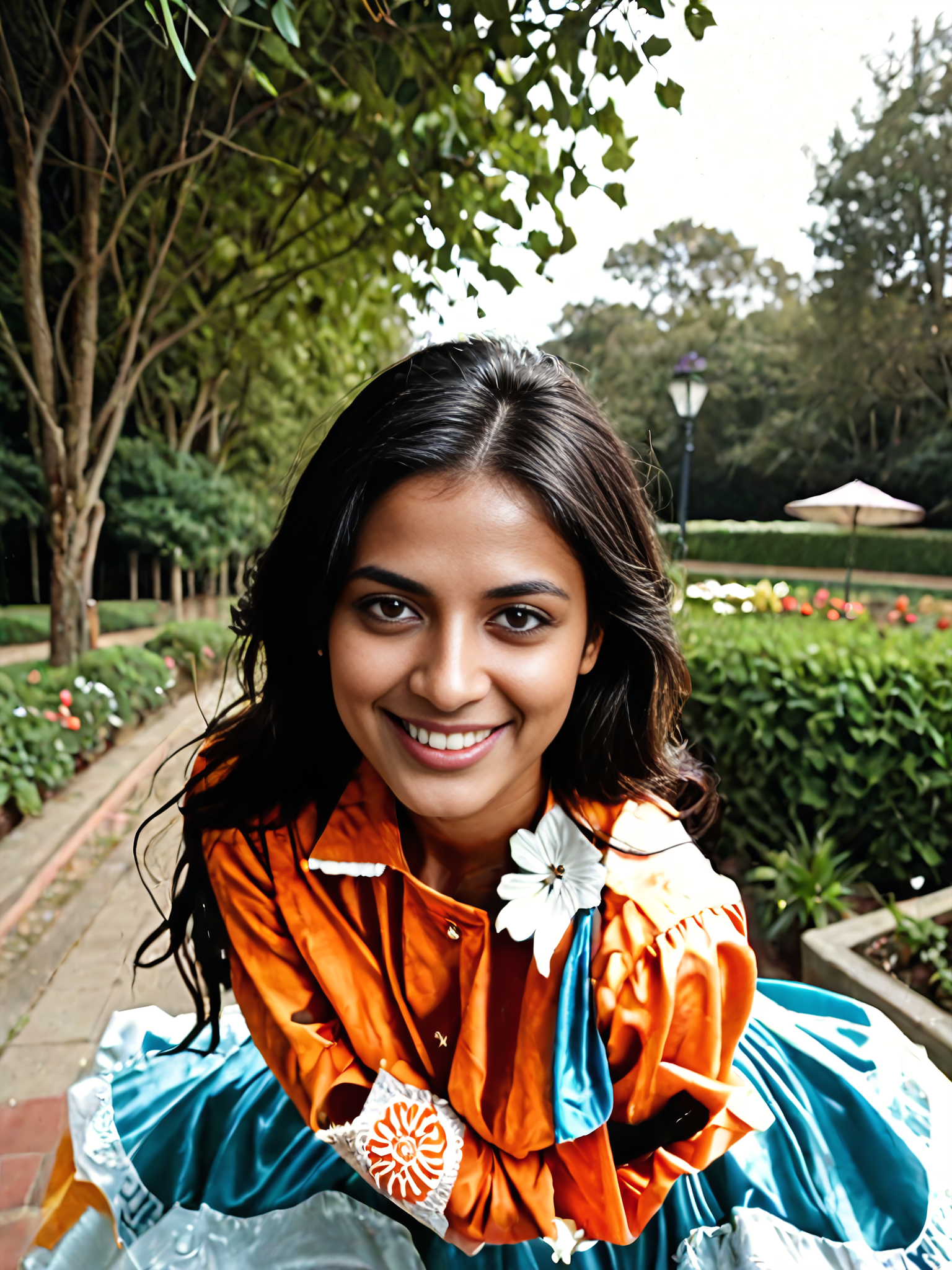 score_9,score8_up, portrait photo,woman,PDXLTI_dgespresso,smiling,solo,wearing a light blue cotton dress,in a garden,shallow depth of field