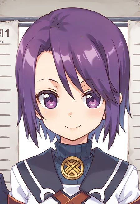 score_9, score_8_up, score_7_up, best quality, uncensored, source_anime,
BREAK
1girl, toris(sn2), purple hair, short hair, white dress, long sleeves, toris(sn2) outfit, purple eyes, purple pantyhose, gauntlets, black shoes,
little smile, standing, mugshot, looking at viewer, upper body, indoors,
<lora:sdxl_lightning_8step_lora:1> <lora:toris(sn2)_XL(pony):1>