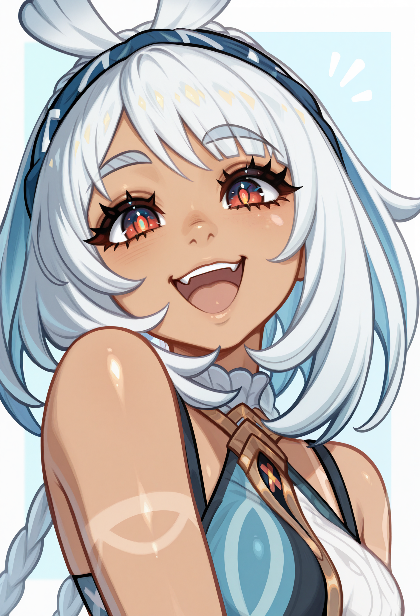 1girl, solo, portrait, smile, open mouth, happy, 
white hair, twin braids, red eyes, blue hairband, long hair, dark-skinned female, tanlines, 
crop top, asymmetrical clothes, 
masterpiece, best quality, <lora:mualani(gi)-guy90-Illust-LoraV104:1>, inaaum, <lora:Blushyspicy-guy90-IllustriousV101:1>, yciblu