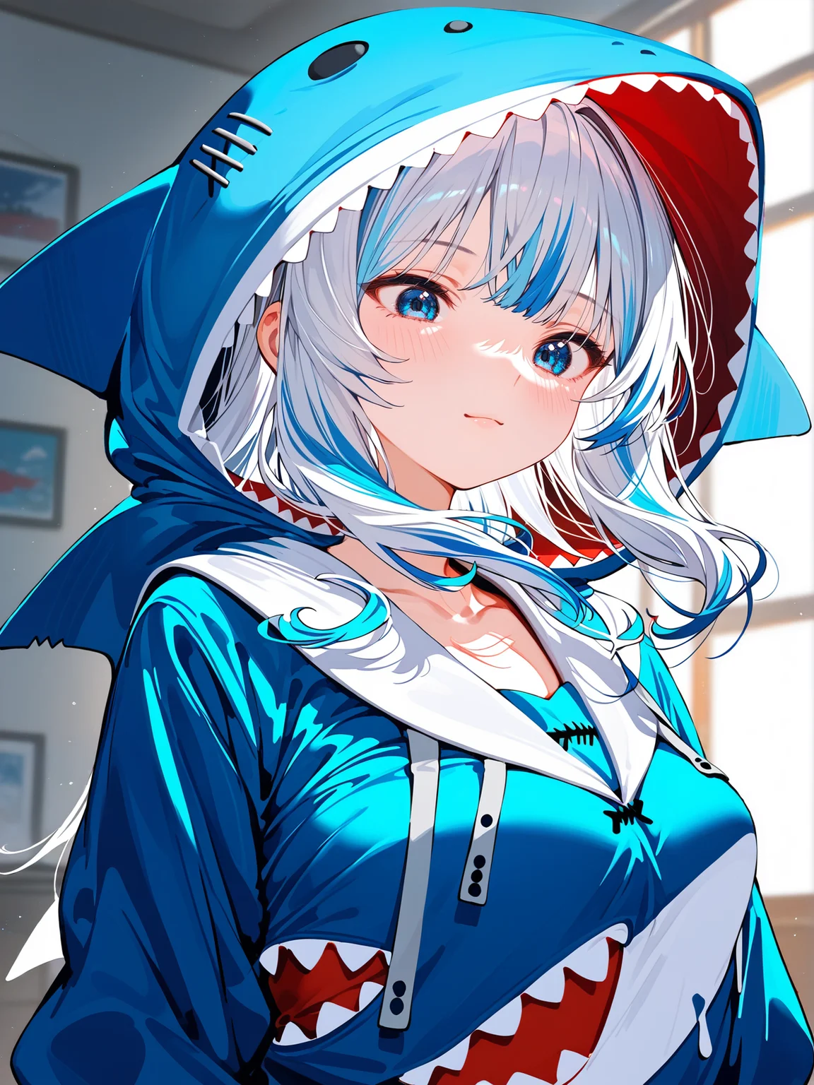 masterpiece,best quality,score_9,score_8_up,score_7_up,best quapoty,highres,absurdres,source_anime,indoors,<lora:NAI:0.7>,NAI_style,<lora:gawr_gura_(1st_costume):0.8>,close-up,upper body,indoors,gawr_gura_(1st_costume),(1girl:1.1),solo,multicolored hair,shark hood,