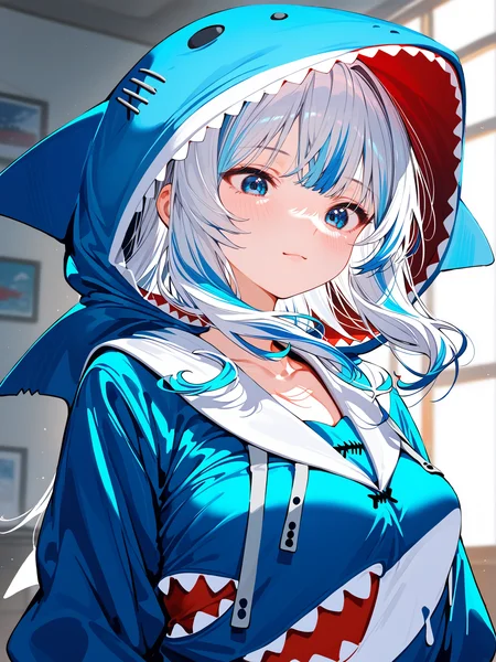 masterpiece,best quality,score_9,score_8_up,score_7_up,best quapoty,highres,absurdres,source_anime,indoors,<lora:NAI:0.7>,NAI_style,<lora:gawr_gura_(1st_costume):0.8>,close-up,upper body,indoors,gawr_gura_(1st_costume),(1girl:1.1),solo,multicolored hair,shark hood,