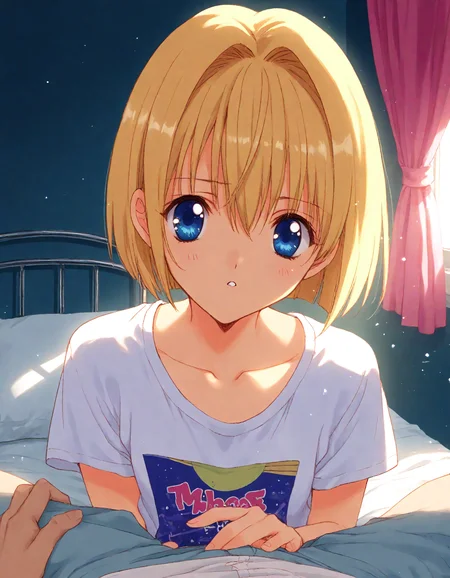 score_9, score_8_up, score_7_up, masterpiece, best quality, absurdres, official art, official style, (anime coloring, anime screencap, megami magazine, flat color:1.3), zPDXL2, zPDXLxxx,
<lora:Nanase_Aoi_Style_Pony_v1:1.0>, 1girl, solo focus, Nanase_Aoi_Style, early_nanase
bedroom, on bed, bed sheet, dim lighting, light particles, (pov:1.3), looking at viewer, dutch angle,
, blonde hair, frown, blue eyes, indoors, shirt, sitting, hair between eyes, parted lips, short sleeves, red curtains, white shirt, upper body, t-shirt, curtains, short hair, collarbone, bed, bedroom, pillow, bob cut, pink curtains, sunlight