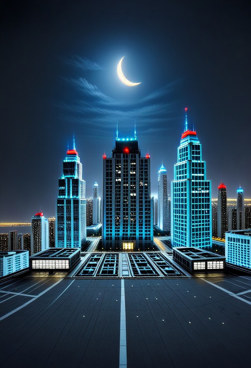 a group of golden square-shaped ornaments on black ground surrounded by gray lines, and gray ornaments with rectangular lines; light bluish gray-light skyscrapers sometimes with a light greenish tint with frequent square windows, above two skyscrapers a red diode warning aircraft; with a dark gray sky and a light gray sky illuminated by a bright white-blue moon,