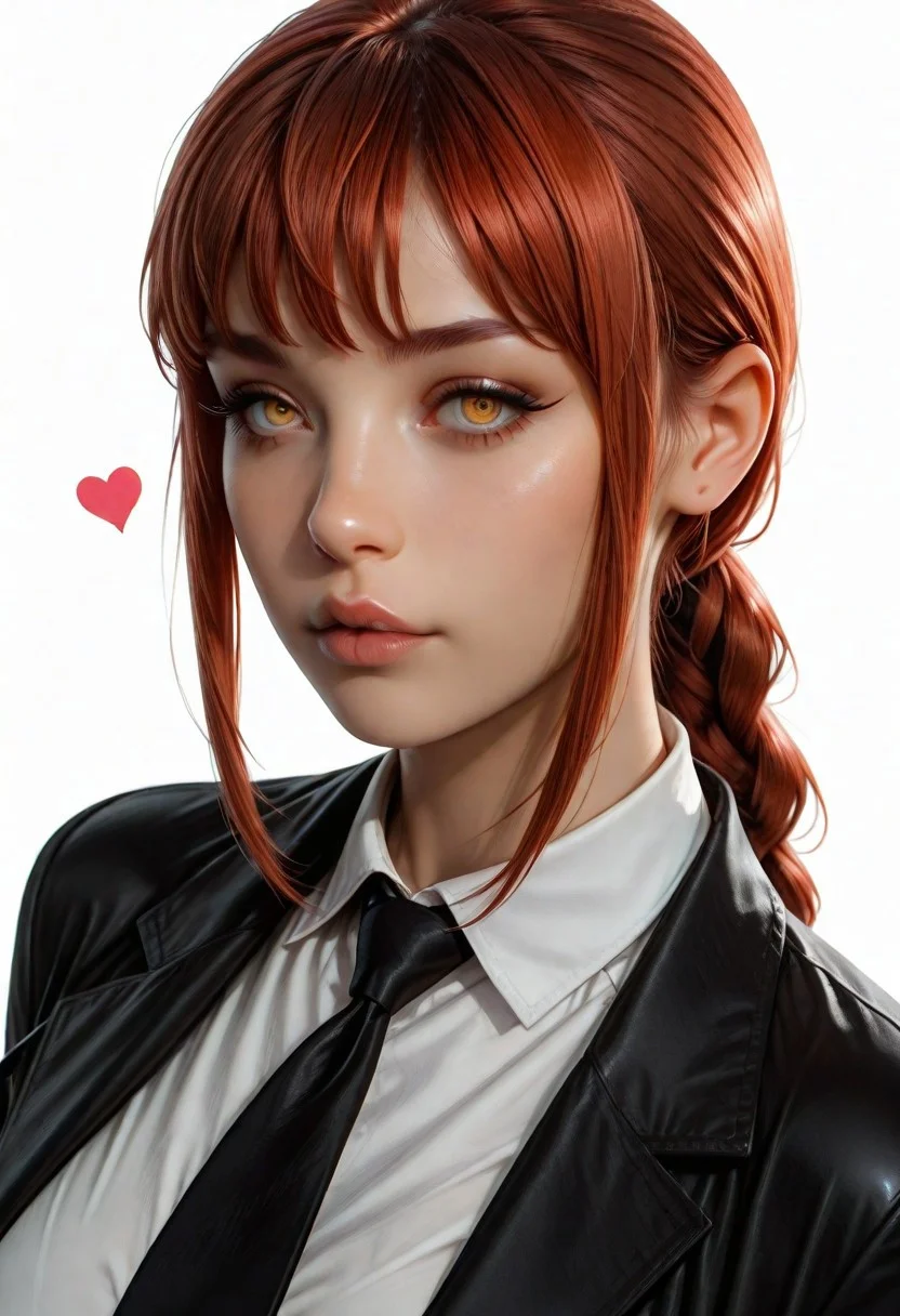 1girl, Asian , (realistic:1.5),
,makima_(chainsaw_man), solo, red_hair, yellow_eyes, looking_at_viewer, necktie, ringed_eyes, bangs, collared_shirt, braid, shirt, sidelocks, white_shirt, white_background, formal, suit, heart, simple_background, lips, braided_ponytail,
(Perspective:1.5),
fabulous artwork,Volumetric image, HDR, high contrast,Smooth Quality , masterpiece, best quality, amazing quality, very aesthetic, high resolution, absurdres, newest,high contrast color,perfect composition,perspective,incredibly absurdres, cute, ambient occlusion, highly detailed,shadows,raytracing,ambient occlusion,
z3r0nis,clear lines, sharp image,