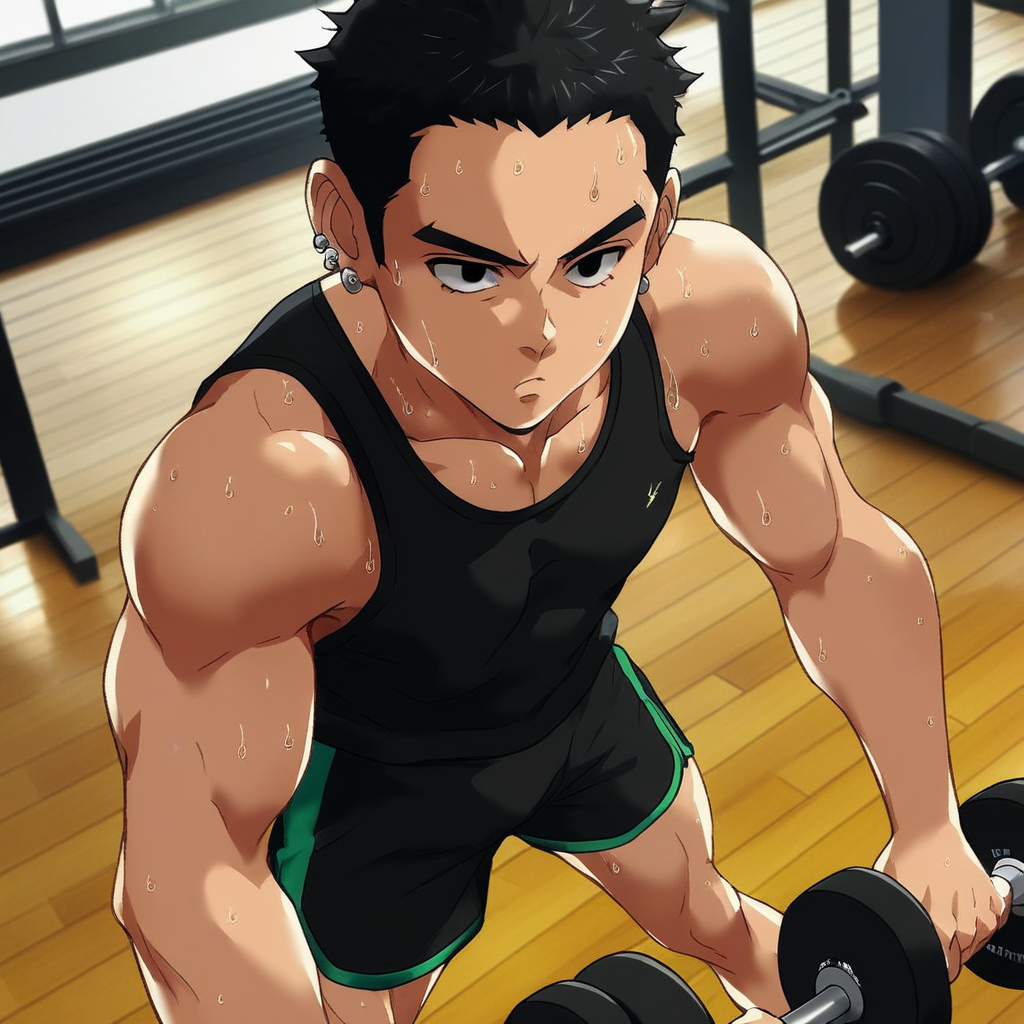 score_9, score_8_up, score_7_up, source_anime, official artstyle, by Ichan01 (IgnitionCrisis), 1boy, solo, short hair, yakuza hairstyle, exposed forehead, ear piercings , black eyes, concentration face, gym clothes, black tank top, sporty shorts, cowboy shot, lifting weights, sweat, gym, indoors, detailed face, from above