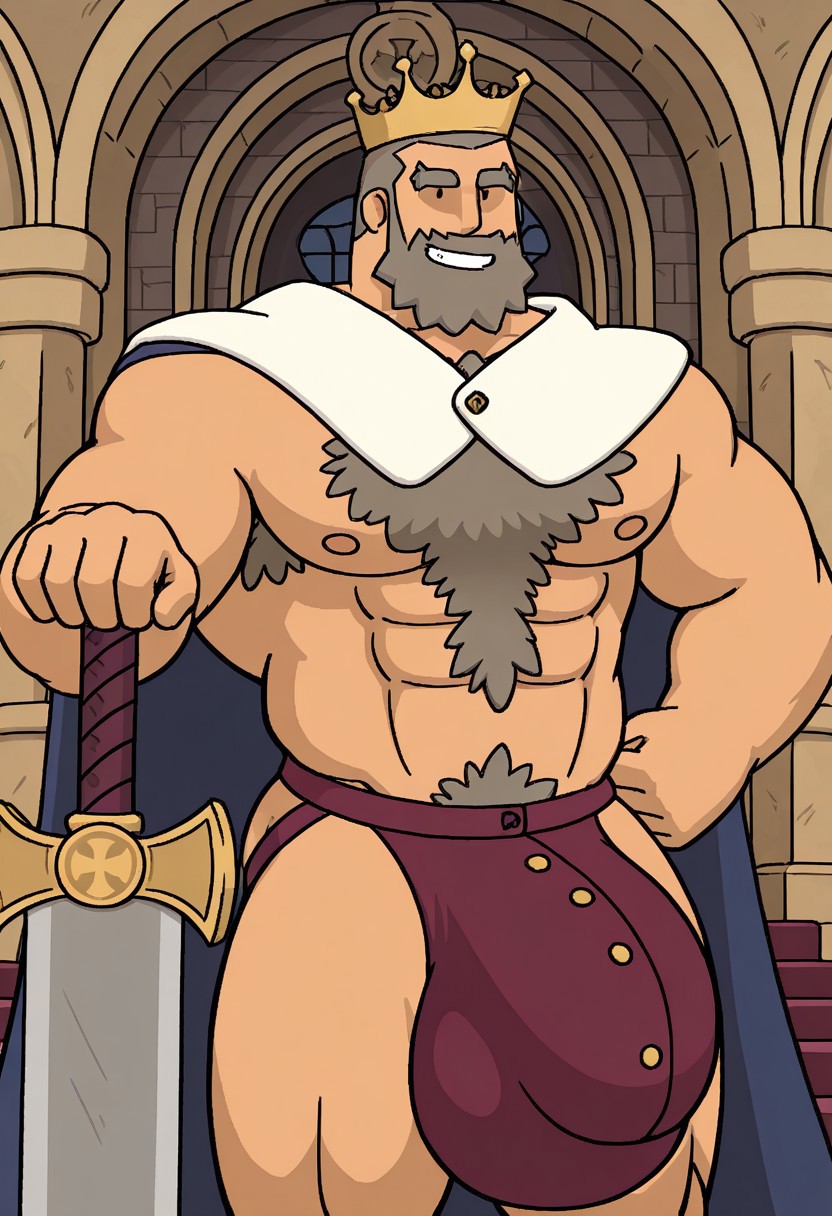 detailed background, detailed background, masterpiece, perfect quality, best quality, detailed, newest, very aesthetic, KingTyranRMA, facial hair, bara, solo, grey hair, crown, beard, pectorals, abs, muscular, chest hair. mature male, black dot eyes 1boy, male focus, castle room background, castle interior, smile, blue cape, looking at viewer, huge bulge, maroon jockstrap, holding sword