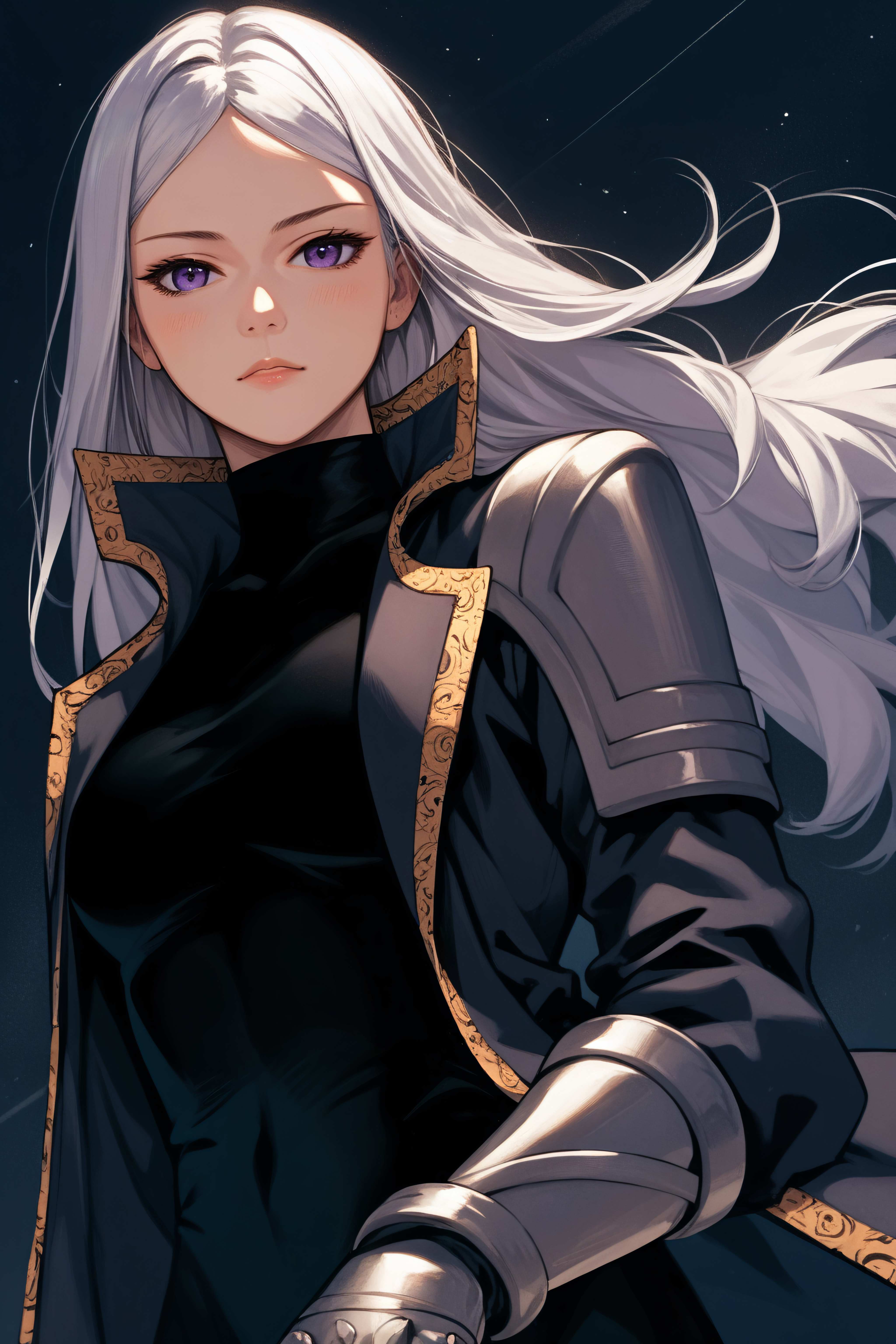 score_9, score_8_up, score_7_up, score_6_up, source_anime, <lora:Luna Runcandel-PonyXL-lora-Faxtron:1> luna runcandel, purple eyes, white hair, long hair, medium breasts, coat, bodysuit, gauntlets, pauldrons, standing,
