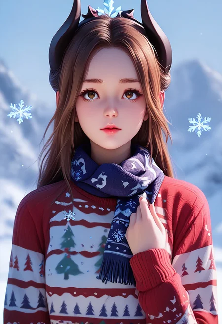 score_9, score_8_up, score_7_up, score_6_up, score_5_up, score_4_up, masterpiece, ultra-detailed, high resolution,
christmas_sweater,chuxue, Demon,
1girl, portrait, pink short-sleeved sweater with cute patterns, blue scarf, brown hair, slightly parted lips, looking charming, in a warm and cozy atmosphere, with delicate snowflakes gently falling around, six-pointed and crystal-clear snowflakes adding a touch of beauty, a cute and innocent demon girl, demon horns, beautiful and pure.