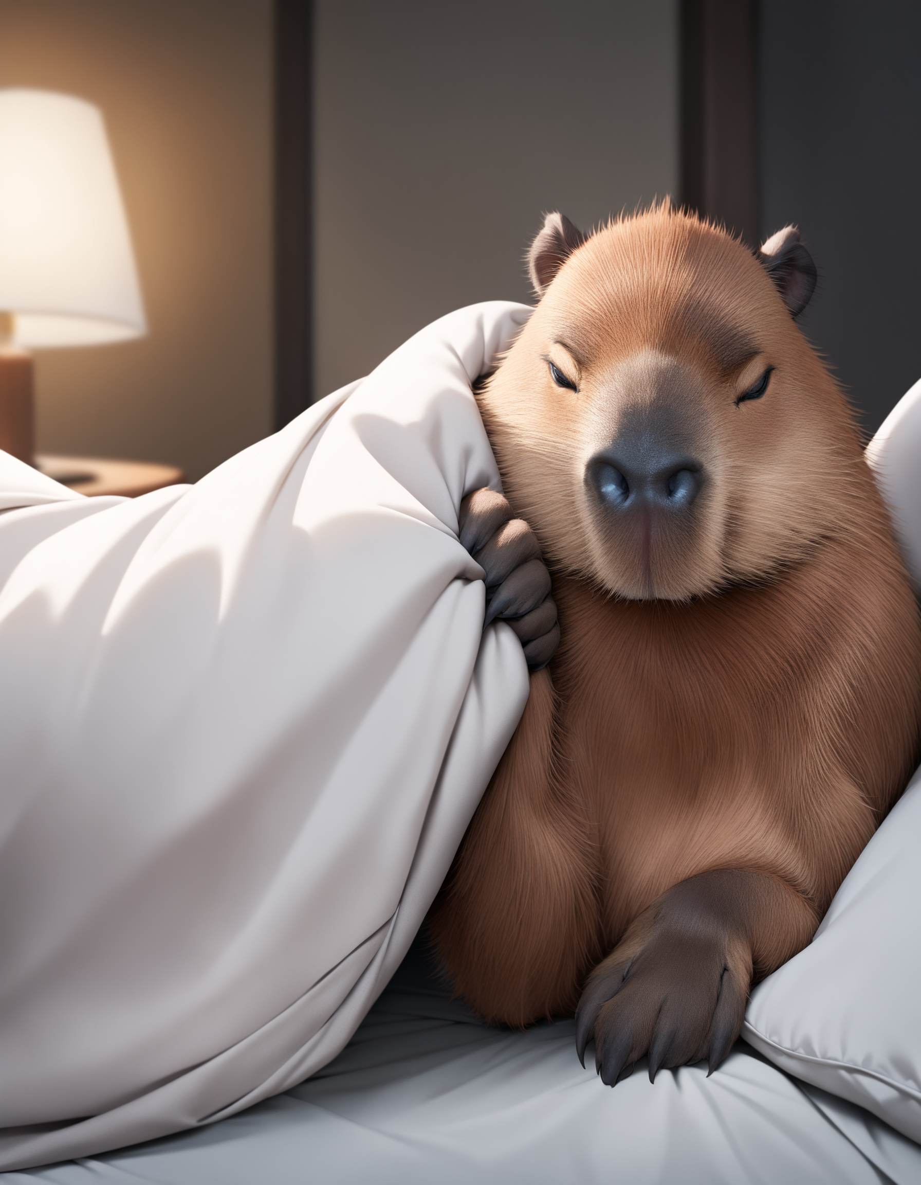 no human,original, <lora:capybara:1> capybara, <lora:pov_across_bed_invitation_v05a:1>pov across bed / bed invitation, lifting covers, pillow , under covers, on side,
masterpiece, best quality, very aesthetic, absurdres,