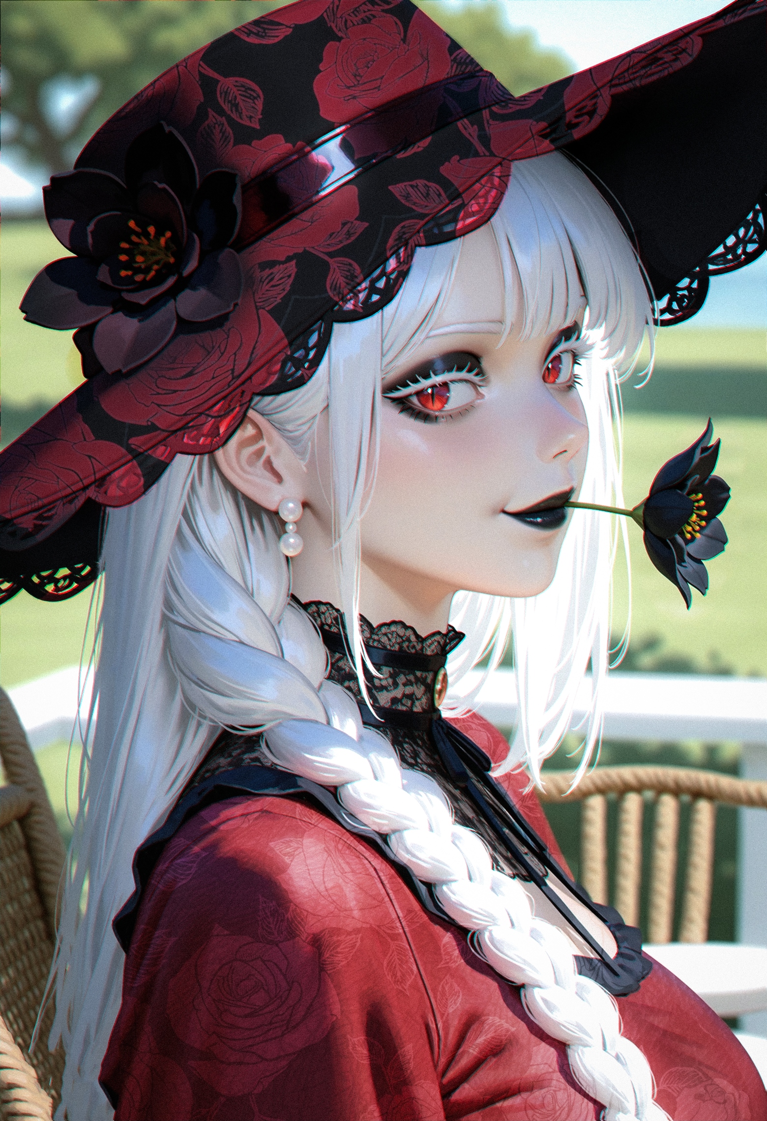 portrait, (retro artstyle:1.35), (by meron nouka:1.2),(by artnip:1.1), 
newest, very awa, masterpiece, highres, detailed, hyper-detailed, year 2024, year 2023, 
aged up, mature female, black sideways hat, 
1girl, solo, white hair, long hair, straight hair, side braid, colored eyelashes, white eyelashes, thick eyelashes, long eyelashes, pale skin, red eyes, slit pupils, black lips, black eyeshadow, albino, sideways glance, staring, smirk, looking at viewer, red dress, lace trim, (high gothic collar,:1.2) , black flower in mouth, pearl earrings, 
 nose, lips, 
outdoors background, veranda, Wicker chair,  soft focus, depth of field, blurry background, fake photograph,