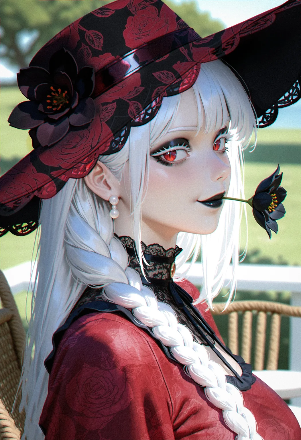 portrait, (retro artstyle:1.35), (by meron nouka:1.2),(by artnip:1.1), 
newest, very awa, masterpiece, highres, detailed, hyper-detailed, year 2024, year 2023, 
aged up, mature female, black sideways hat, 
1girl, solo, white hair, long hair, straight hair, side braid, colored eyelashes, white eyelashes, thick eyelashes, long eyelashes, pale skin, red eyes, slit pupils, black lips, black eyeshadow, albino, sideways glance, staring, smirk, looking at viewer, red dress, lace trim, (high gothic collar,:1.2) , black flower in mouth, pearl earrings, 
 nose, lips, 
outdoors background, veranda, Wicker chair,  soft focus, depth of field, blurry background, fake photograph,