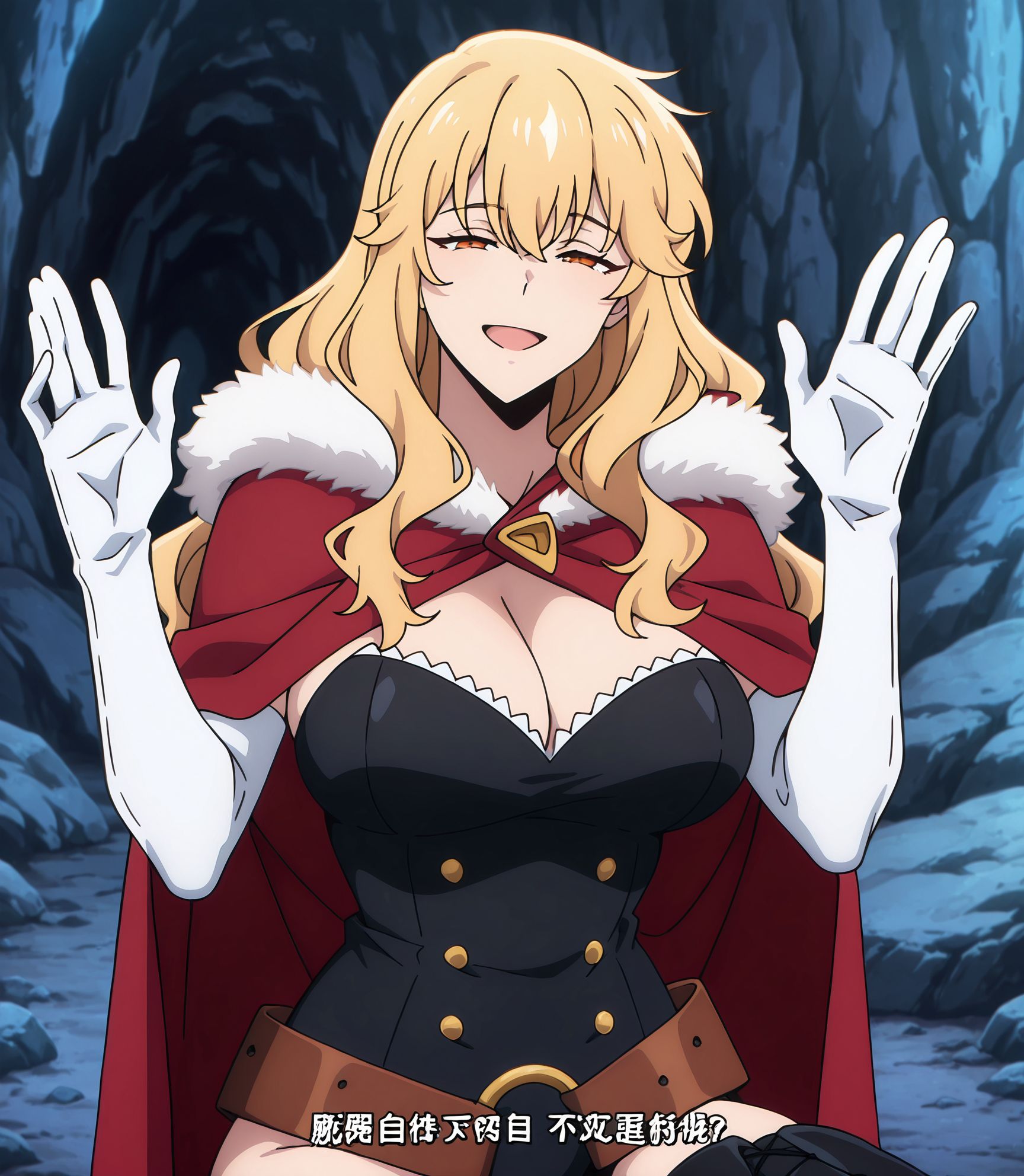 masterpiece, best quality, newest, absurdres, highres, detailed eyes, beautiful, detailed background, perfect eyes, anime coloring, anime screencap,
<lora:My_dad_got_the_MVP:0.6>My dad got the MVP,Reach out,
Got the MVP, (Hands raised with palms) facing outward,half-closed eyes, 
1boy, male focus,smile,open mouth,indoors, sitting, (waving:1.2), 
shirt,solo,closed eyes,holding,subtitled,meme,upper body, 
cave, dark them,rock, 
<lora:SoloLeveling_Gina_IlluXL:0.9>, 1girl, solo, closed mouth, wavy hair, blonde hair, long hair, orange eyes, GinaSL, fur-trimmed cape, red cape, black leotard, cleavage, large breasts, buttons, elbow gloves, white gloves, brown belt, thigh boots, black footwear,