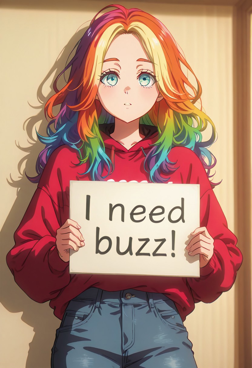 score_9, score_8_up, score_7_up, score_6_up,Enchanting Eyes, LDSCH Style, aesthetic, absurdres, beautiful, highres, detailed eyes,
Solo, 1girl, rainbow hair, turquoise eyes, attractive, long hair, cowboy shot, jeans, sweatshirt, need_buzz, holding sign,