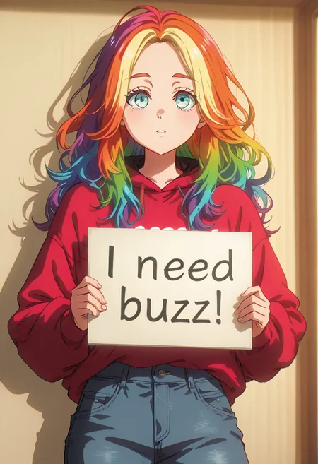 score_9, score_8_up, score_7_up, score_6_up,Enchanting Eyes, LDSCH Style, aesthetic, absurdres, beautiful, highres, detailed eyes,
Solo, 1girl, rainbow hair, turquoise eyes, attractive, long hair, cowboy shot, jeans, sweatshirt, need_buzz, holding sign,