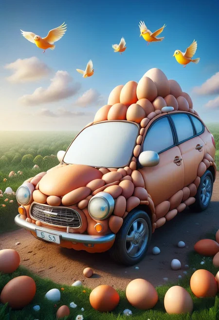 funny digital art of a car made of eggs, funny place background, masterpiece, absurdres, vibrant, dynamic angle, dynamic pose, dramatic light, highly detailed, scenery, no humans, <lora:EggsMorph:1>,