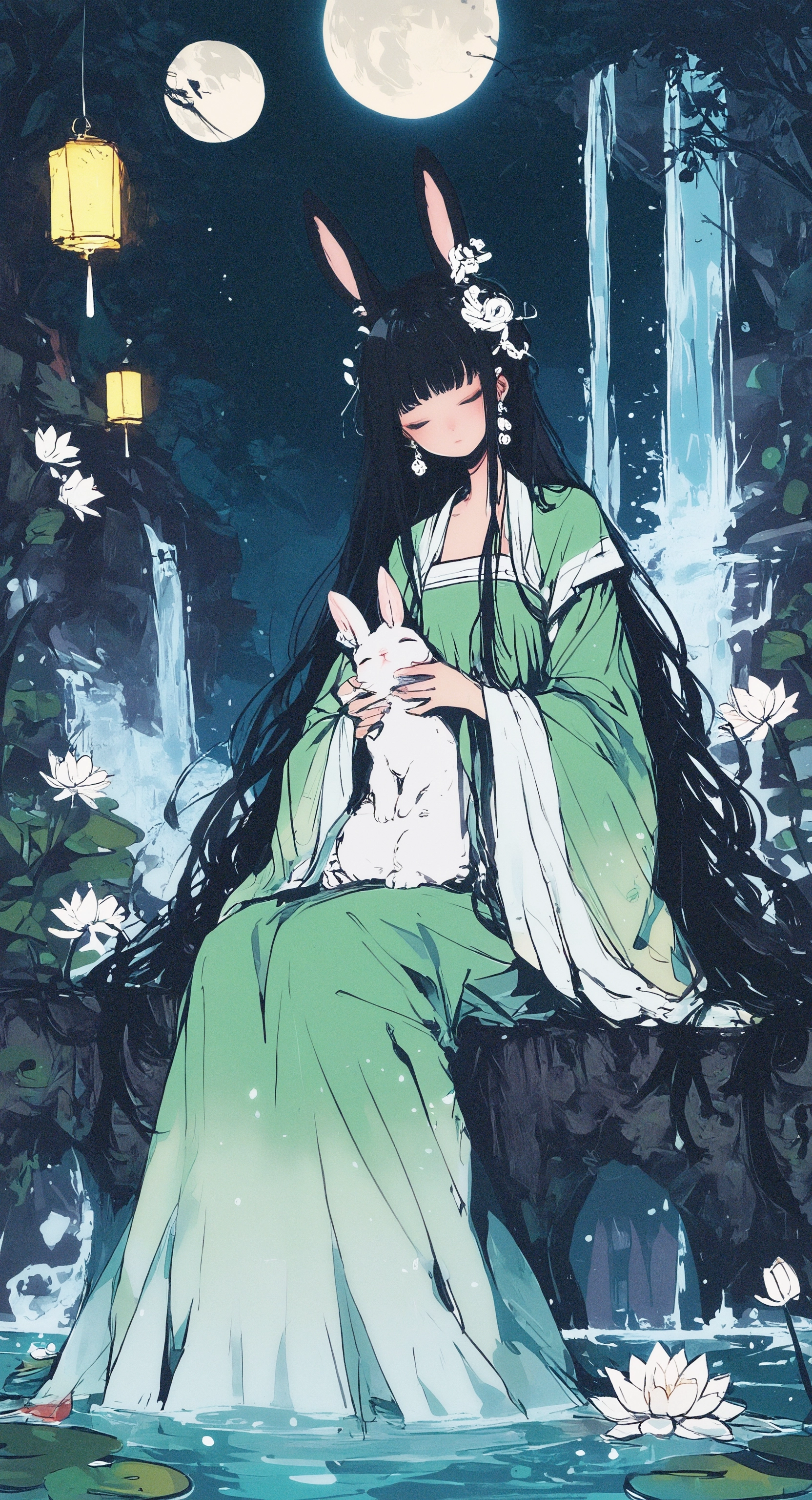 masterpiece, best quality, amazing quality, 1girl, solo, long hair, black hair, long sleeves, hair ornament, dress, holding, closed mouth, very long hair, sitting, closed eyes, flower, earrings, detached sleeves, wide sleeves, water, rabbit ears, tree, night, animal, chinese clothes, moon, white flower, full moon, green dress, rabbit, lantern, holding animal, waterfall, lily pad, lotus, hanfu, huge moon, Karinami Inkblush mode,thick ink outlines,soft marker gradients,era 2020s indie illustration,Inkblush style, grunge_anime_aesthetic <lora:noobai_ep11_stabilizer_v0.138_fp16:0.3> <lora:XXX667:0.6> <lora:96YOTTEA-WAI:0.6> <lora:grunge_anime_aesthetic_illustriousXL-000027:0.7> <lora:Karinami_Inkblush_mode_Illustrious_clean:0.5>