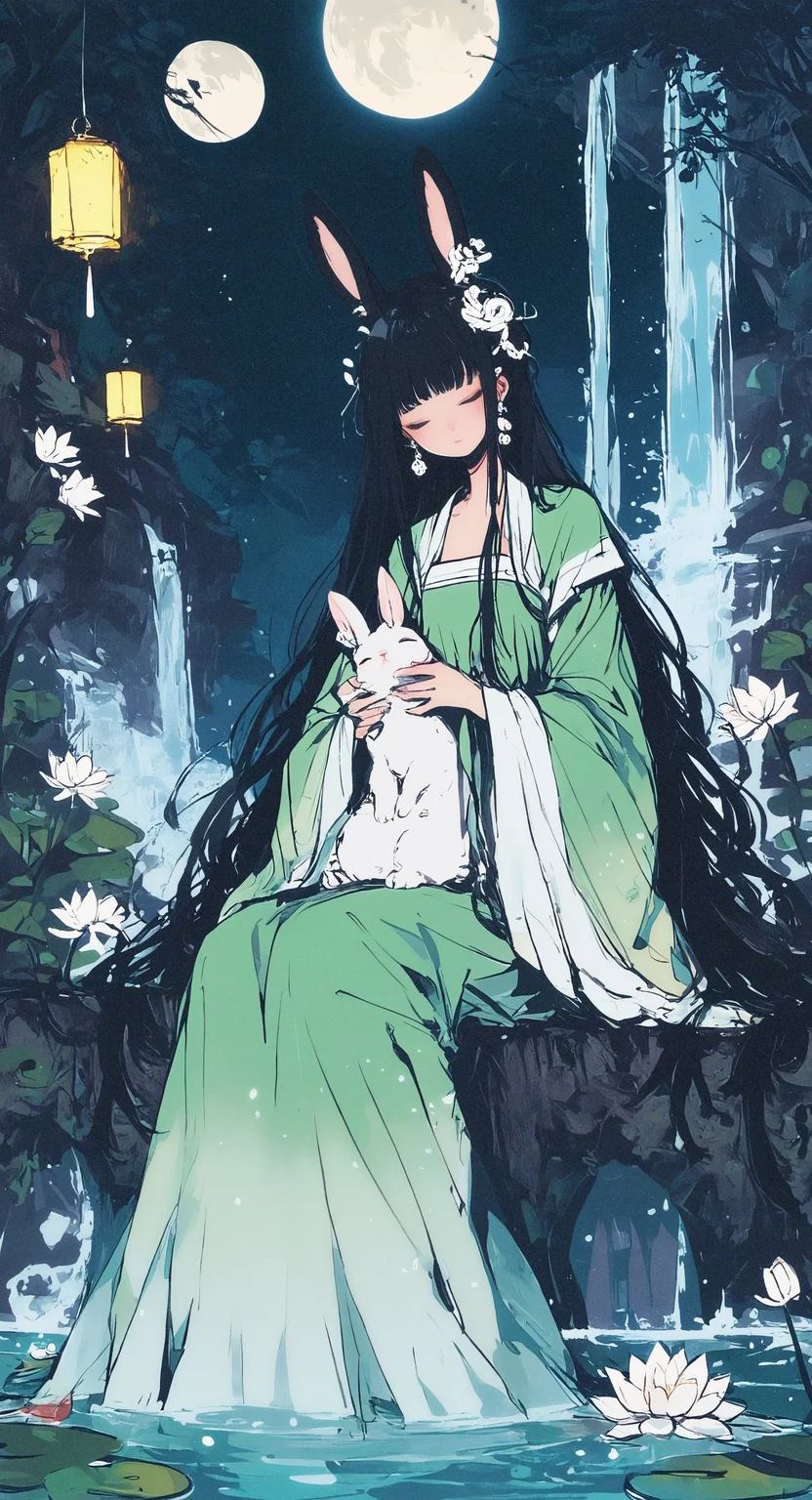masterpiece, best quality, amazing quality, 1girl, solo, long hair, black hair, long sleeves, hair ornament, dress, holding, closed mouth, very long hair, sitting, closed eyes, flower, earrings, detached sleeves, wide sleeves, water, rabbit ears, tree, night, animal, chinese clothes, moon, white flower, full moon, green dress, rabbit, lantern, holding animal, waterfall, lily pad, lotus, hanfu, huge moon, Karinami Inkblush mode,thick ink outlines,soft marker gradients,era 2020s indie illustration,Inkblush style, grunge_anime_aesthetic <lora:noobai_ep11_stabilizer_v0.138_fp16:0.3> <lora:XXX667:0.6> <lora:96YOTTEA-WAI:0.6> <lora:grunge_anime_aesthetic_illustriousXL-000027:0.7> <lora:Karinami_Inkblush_mode_Illustrious_clean:0.5>
