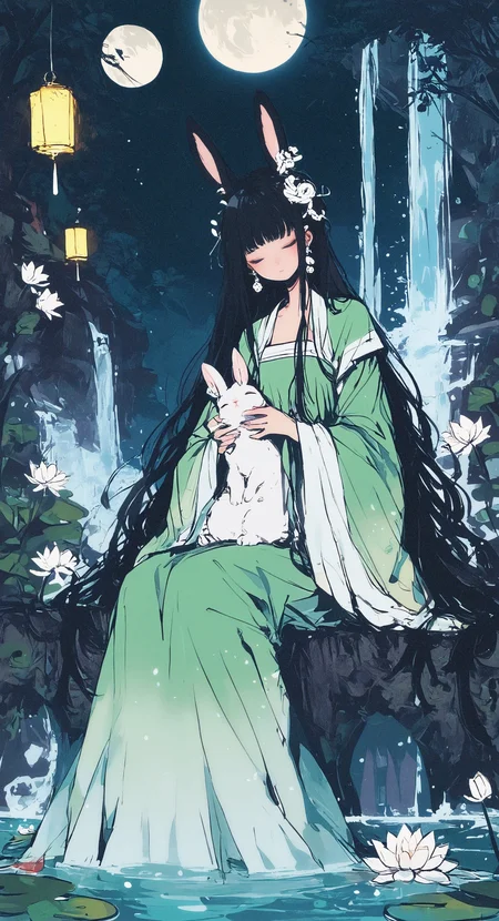 masterpiece, best quality, amazing quality, 1girl, solo, long hair, black hair, long sleeves, hair ornament, dress, holding, closed mouth, very long hair, sitting, closed eyes, flower, earrings, detached sleeves, wide sleeves, water, rabbit ears, tree, night, animal, chinese clothes, moon, white flower, full moon, green dress, rabbit, lantern, holding animal, waterfall, lily pad, lotus, hanfu, huge moon, Karinami Inkblush mode,thick ink outlines,soft marker gradients,era 2020s indie illustration,Inkblush style, grunge_anime_aesthetic <lora:noobai_ep11_stabilizer_v0.138_fp16:0.3> <lora:XXX667:0.6> <lora:96YOTTEA-WAI:0.6> <lora:grunge_anime_aesthetic_illustriousXL-000027:0.7> <lora:Karinami_Inkblush_mode_Illustrious_clean:0.5>